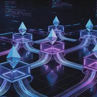 A digital art rendering of Ethereum cryptocurrency nodes connected by glowing neon cables in a futuristic network setup. The Ethereum logos, consisting of geometric diamond shapes in light blue and white, sit atop transparent cubic nodes.