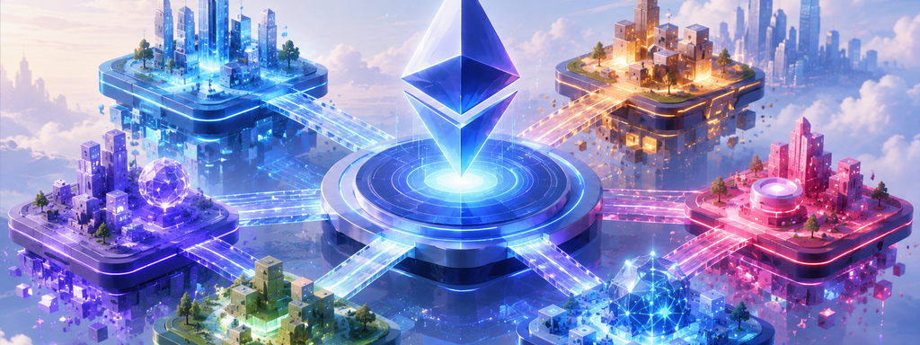 Ethereum Layer 2 Chains - Futuristic floating city with neon ecosystems