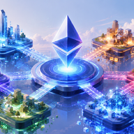 Ethereum Layer 2 Chains - Futuristic floating city with neon ecosystems