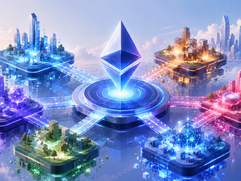 Ethereum Layer 2 Chains - Futuristic floating city with neon ecosystems