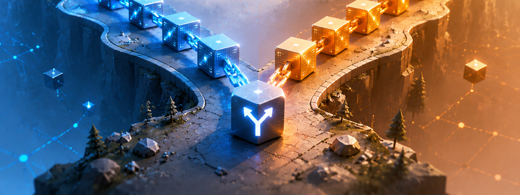 Blockchain Fork - Futuristic blockchain crossroads with glowing paths