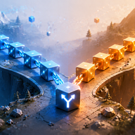 Blockchain Fork - Futuristic blockchain crossroads with glowing paths