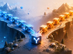 Blockchain Fork - Futuristic blockchain crossroads with glowing paths