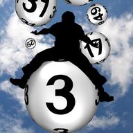 A man flies towards the sky sitting on a Lotto ball with the number 3. Around him are several balls with other numbers.