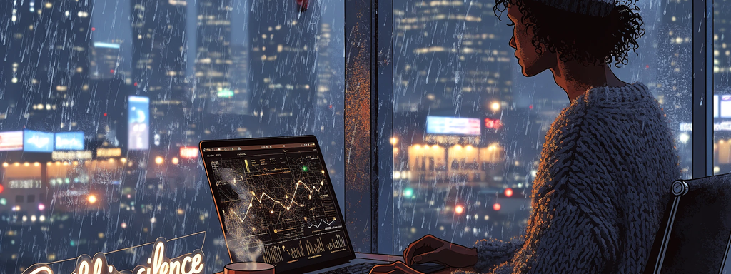 A man in front of a laptop watches market charts, outside the window is a panorama of a city in the rain.