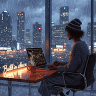 A man in front of a laptop watches market charts, outside the window is a panorama of a city in the rain.