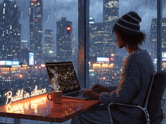 A man in front of a laptop watches market charts, outside the window is a panorama of a city in the rain.