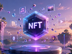 NFTs Beyond Digital Art - Neon NFT Cube Over Floating Islands