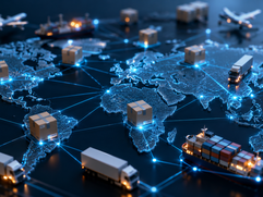 Blockchain in Supply Chain Management - Global logistics in neon light