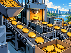 Token Supply - Comic-Style Coin Minting Factory Flow
