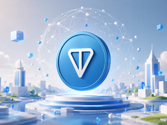 TON (The Open Network) - Futuristic blockchain cityscape with floating coin