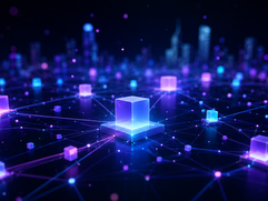 Web3 - Neon network cityscape with glowing cubes