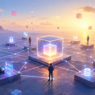 Web3 - Futuristic network landscape at sunrise