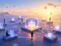 Web3 - Futuristic network landscape at sunrise