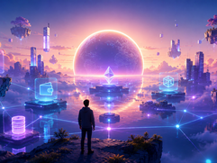 Web3 - Futuristic metaverse landscape at sunset